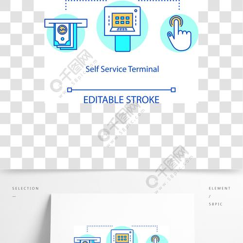 自助服務終端概念圖標付款系統(tǒng)想法細線圖購物結帳電子交易現代科技